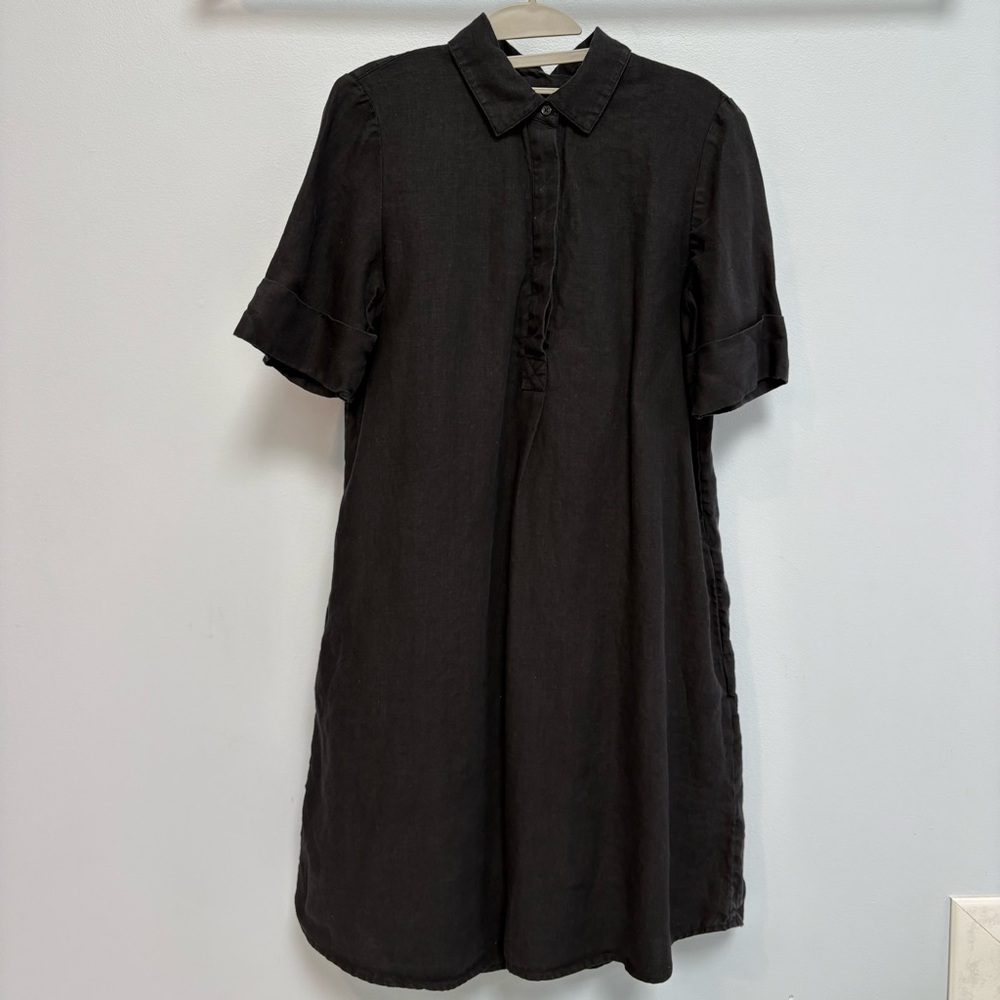 Chico's 100% Linen Popover Dress Sz 1/M Black Pockets Resort Vacation Minimalist